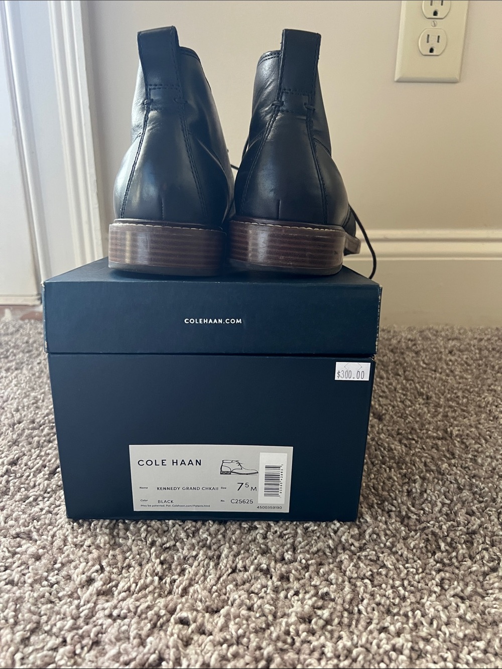 Cole Haan Black Leather Chukka Boots with Brown Stacked Heel